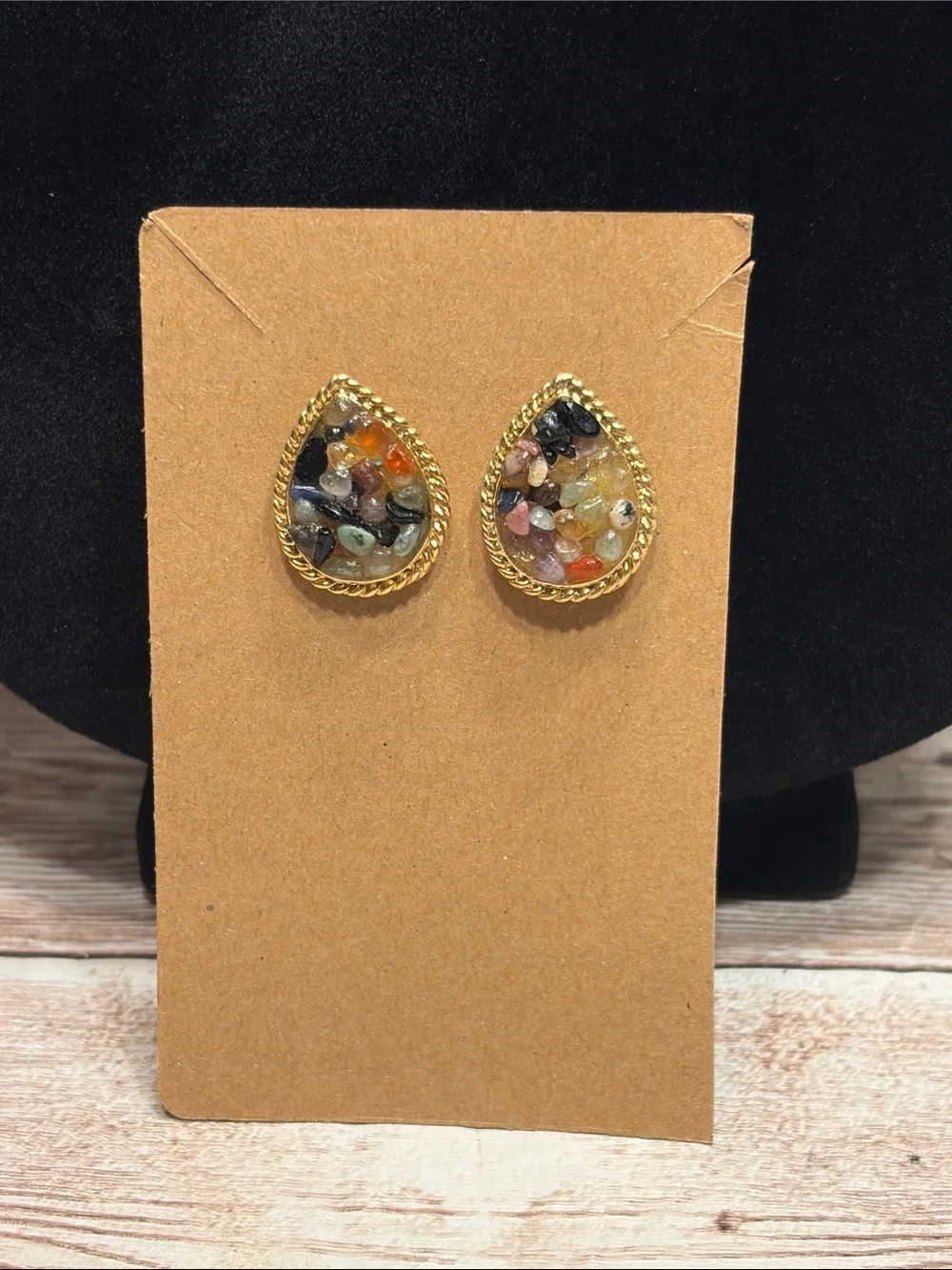 Vintage 70s Gold tone teardrop multi stone chip mosaic stud earrings